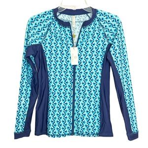 NWT Helen Jon Rash Guard Full Zip UPF 50+ Palm Springs Print Sz Small Aqua Blue